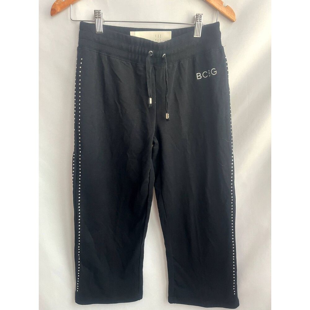 BCBG Max Azria Y2K Black Cropped Lounge Pull On Pants Gem Rhinestone Sides M